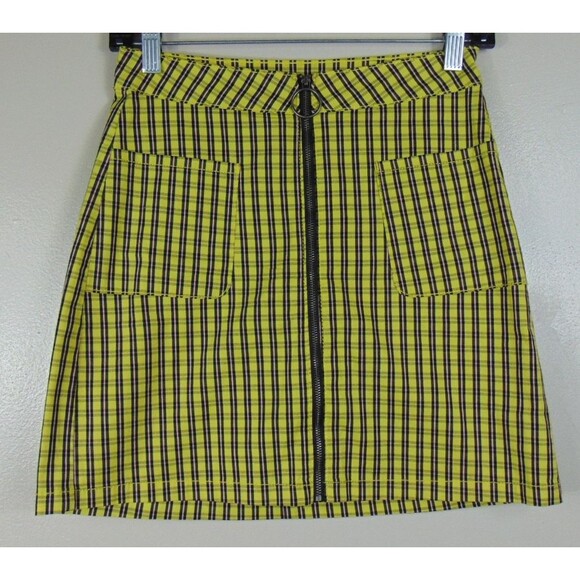 Arizona Yellow Plaid Zip Front Skirt Size 3 Clueless Style 90's Aesthetic Gothic - Picture 2 of 10